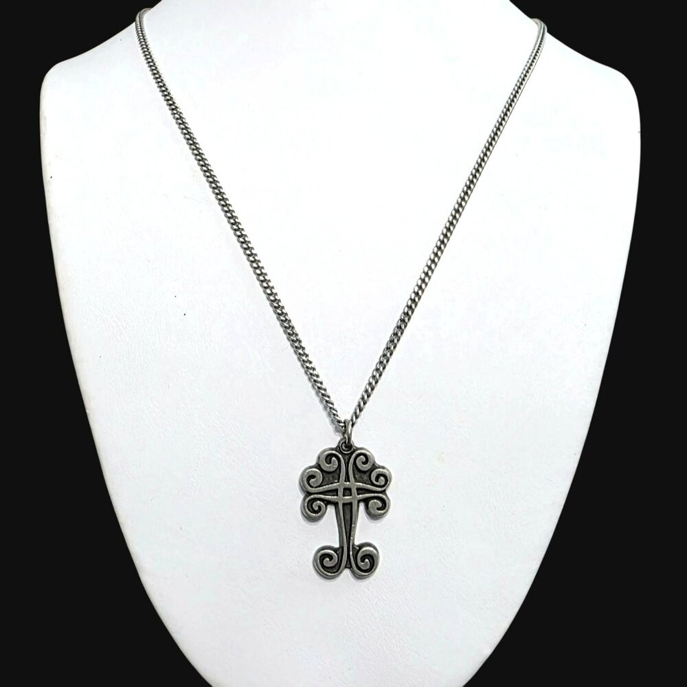 Vintage Pewter Cross Pendant Necklace 27" Endless Chain Tennesmed Sweden Viking